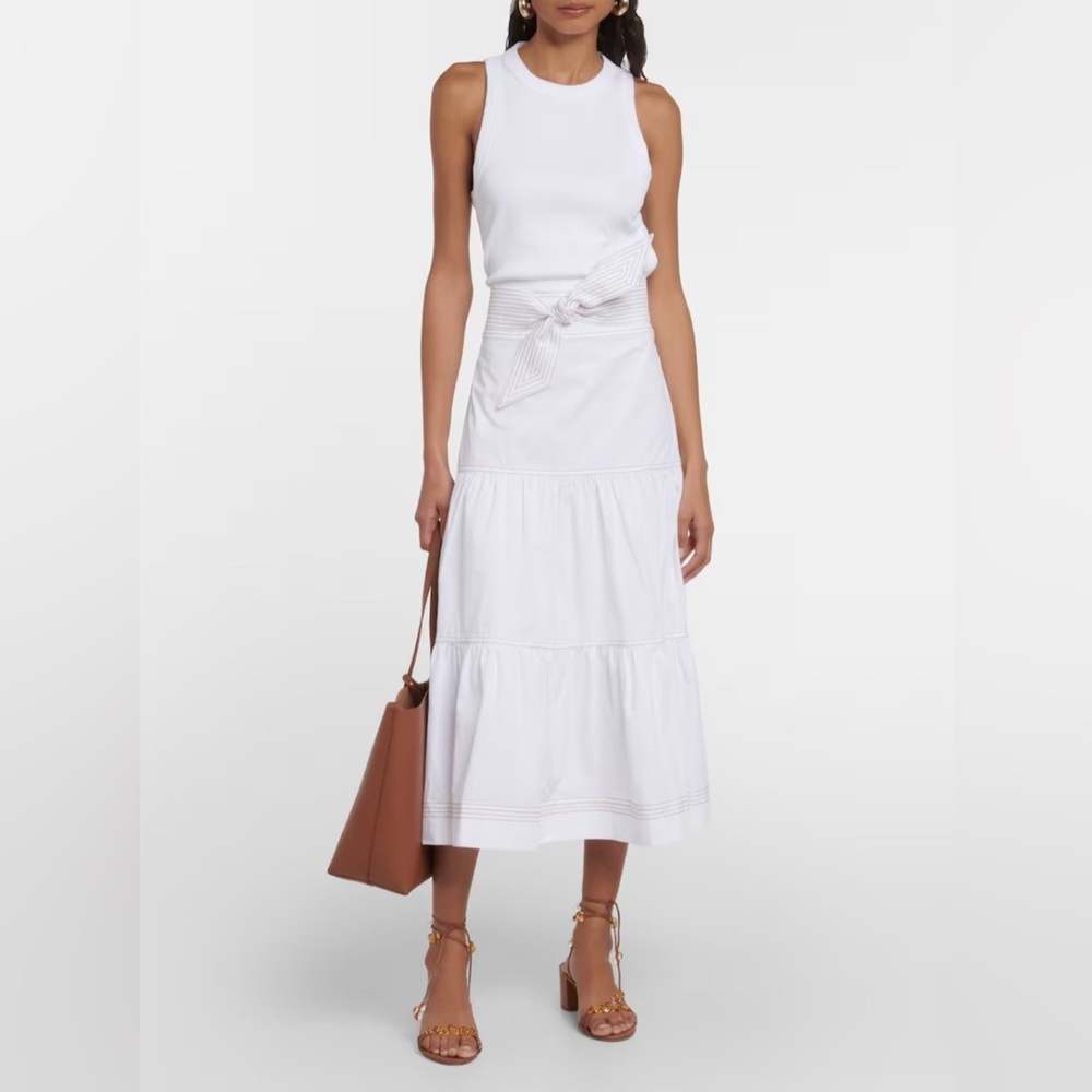 Nwt Veronica Beard White Tiered Midi Dress With Waist Tie